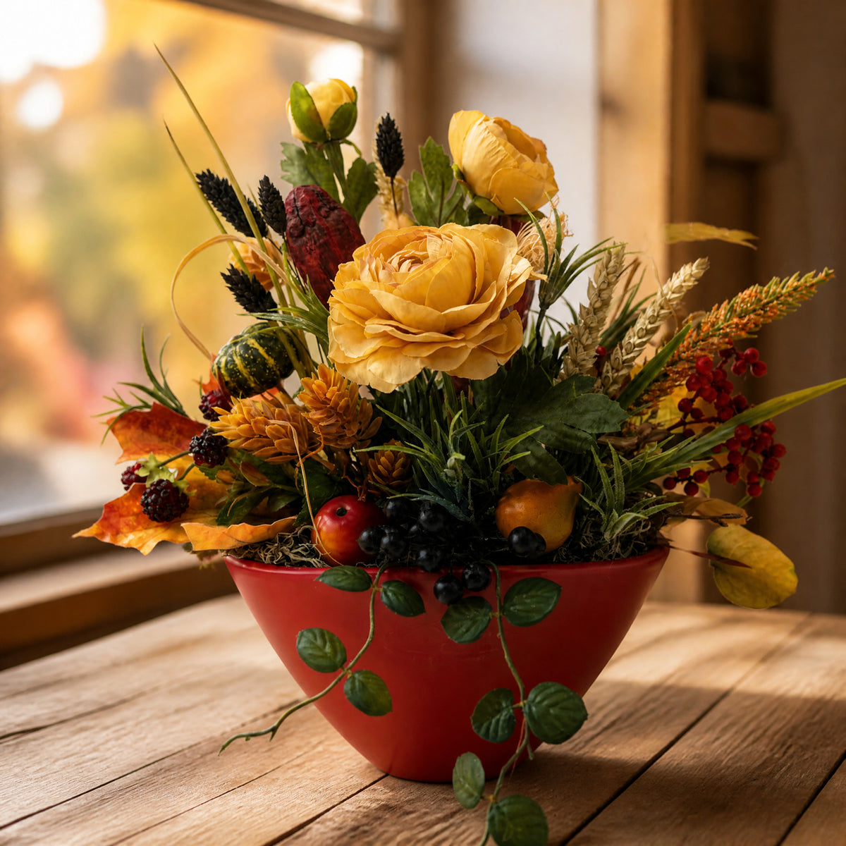 Szene Herbstgesteck Kürbis Rose Beeren Gräser rot orange