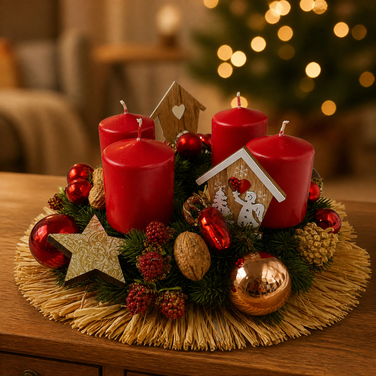 Szene Adventsgesteck Adventskranz Kerzen Kugeln Stern Holzhaus rot