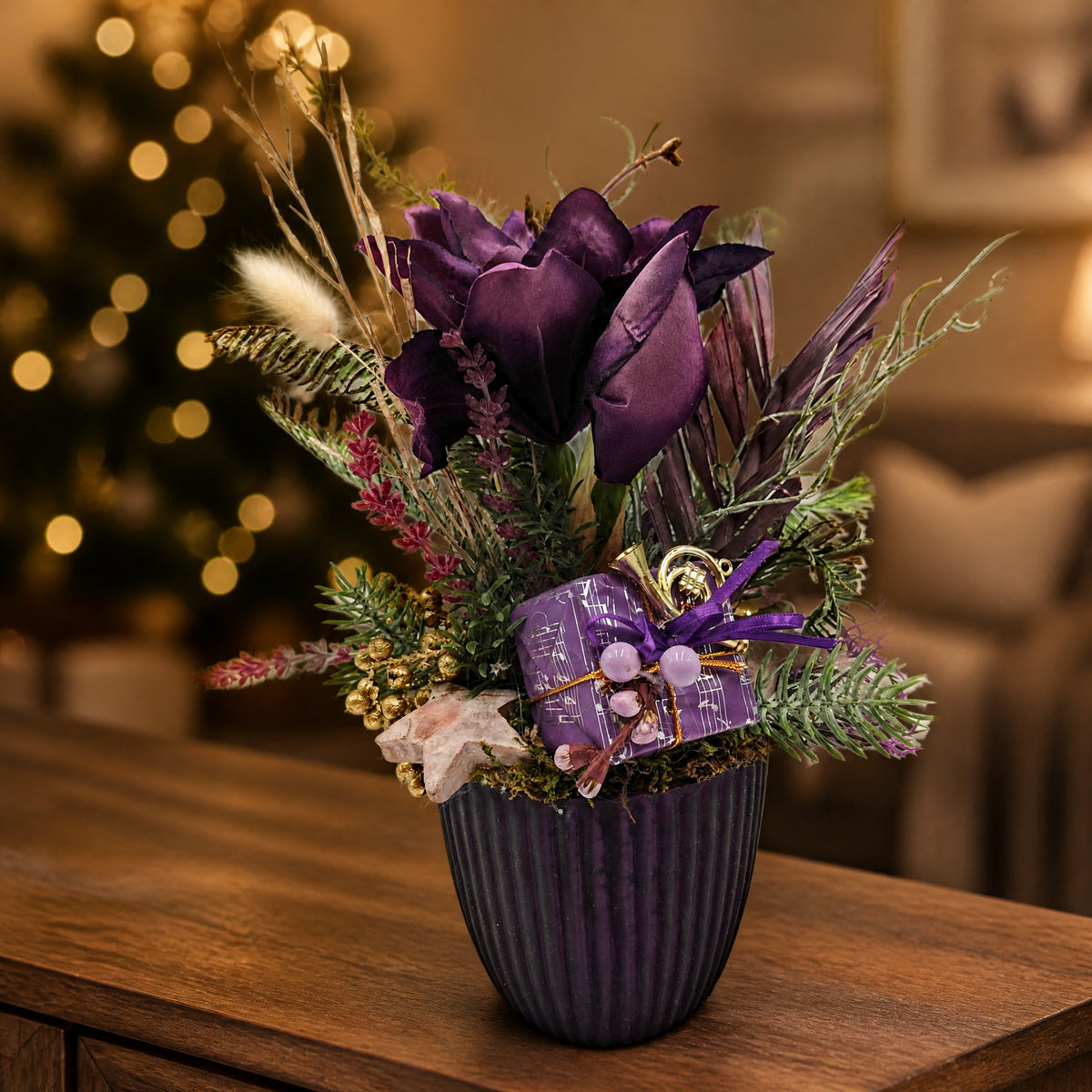 Szene Wintergesteck Amaryllis Stern Geschenk lila gold