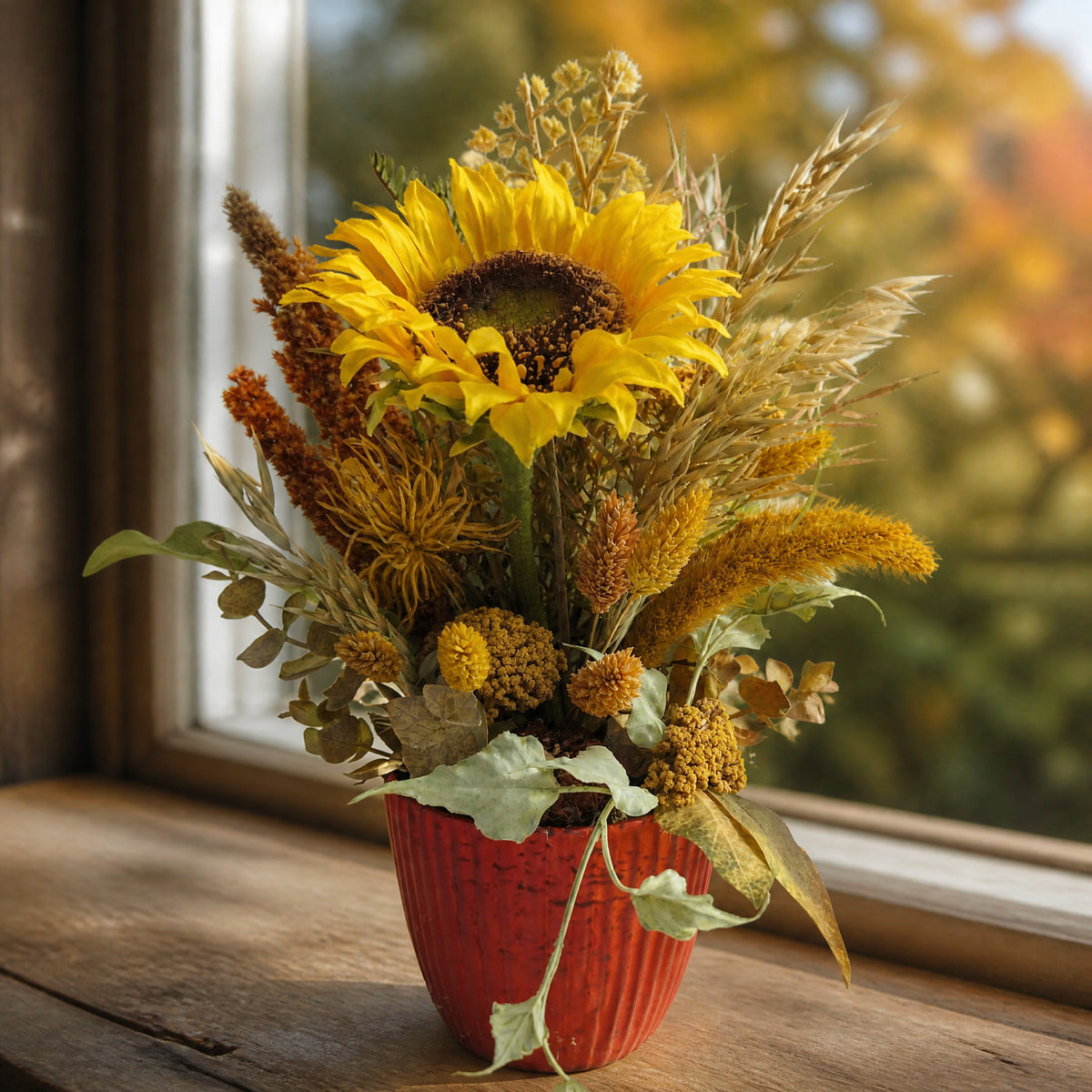 Szene Herbstgesteck Sonnenblume Weizen Gräser gelb im roten Topf