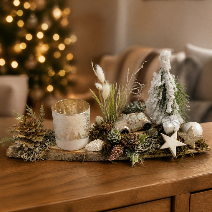 Szene Weihnachtsgesteck Windlicht Auto Geschenk Kugel weiß gold