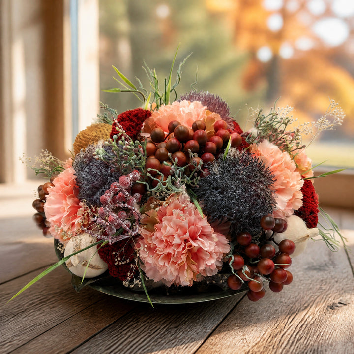 Szene Herbstgesteck Nelken Beeren Gräser lachs lila in Schale