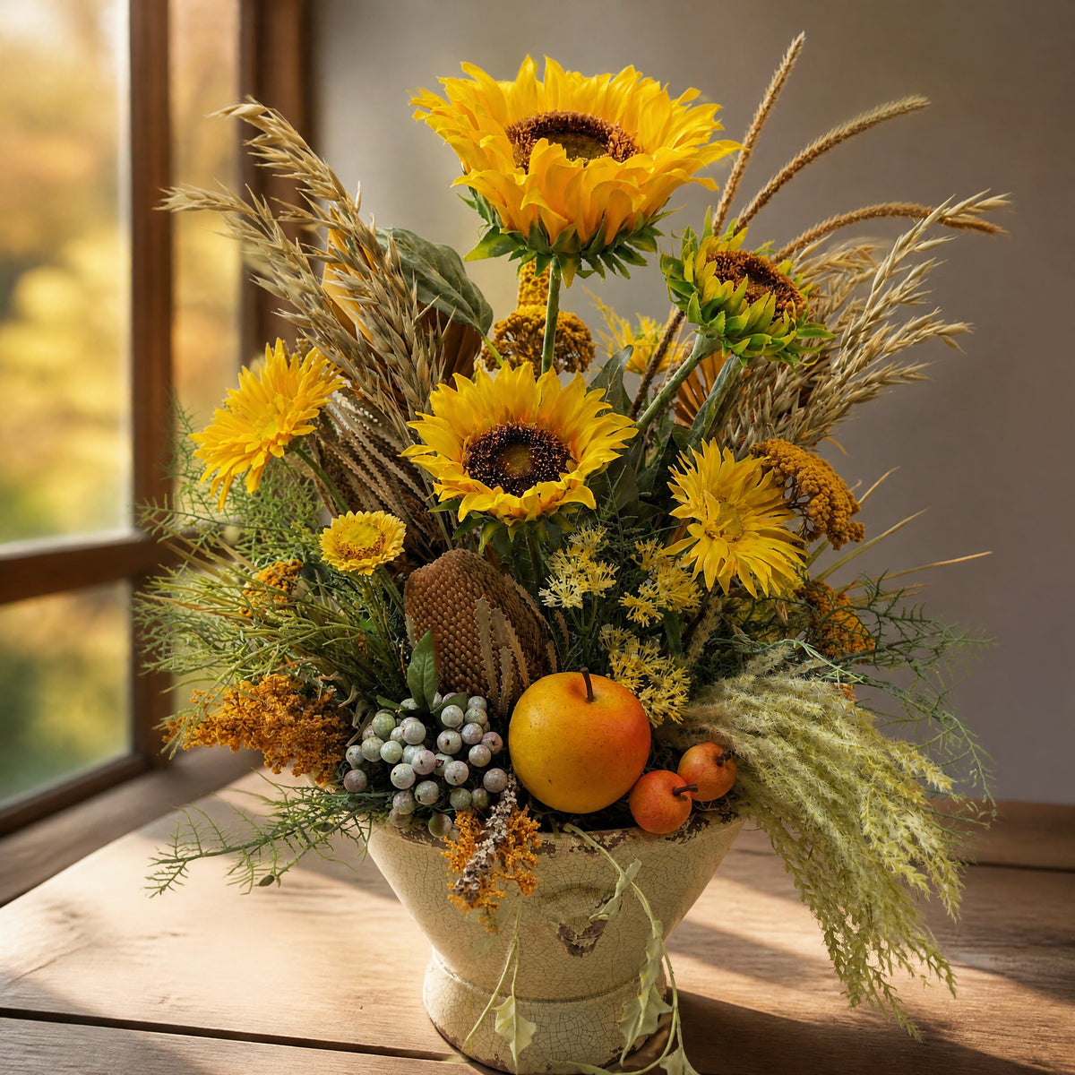 Szene Herbstgesteck Sonnenblumen Apfel Getreide gelb natur