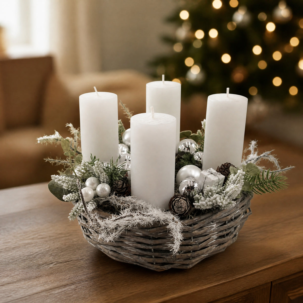 Szene Adventsgesteck Korb Kerzen Kugeln Zapfen Geschenk silber weiß