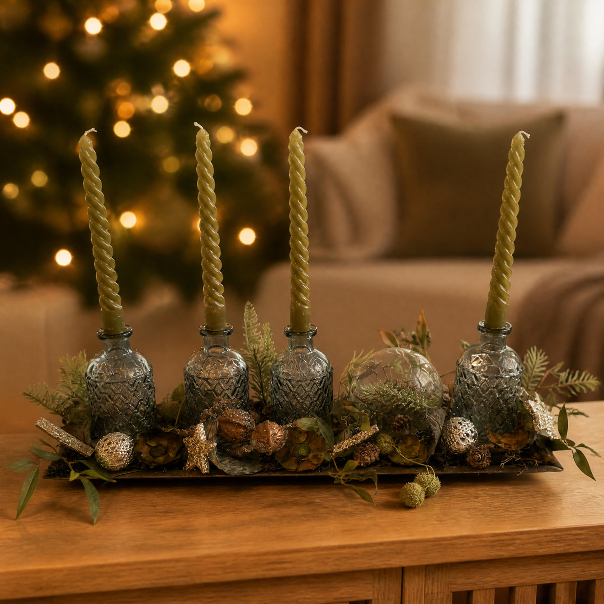 Szene Adventsgesteck modern Fläschchen Stern Tanne olivgrün grau