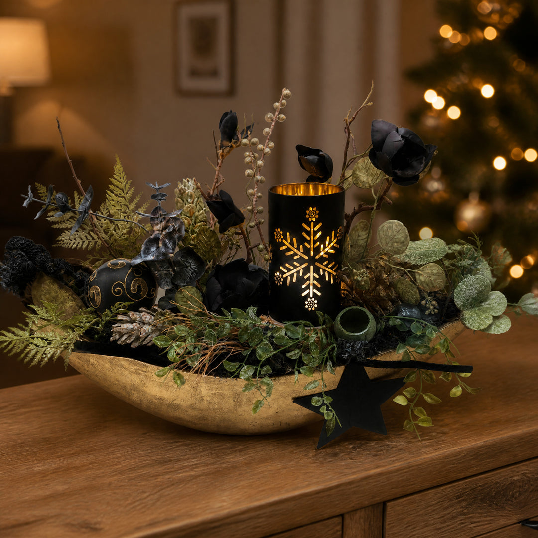 Szene Weihnachtsgesteck LED Windlicht Kugel Stern Eukalyptus gold schwarz