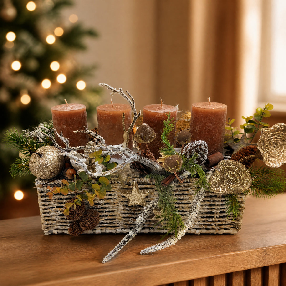 Szene Adventsgesteck Korb Pilz Apfel Zapfen braun curry