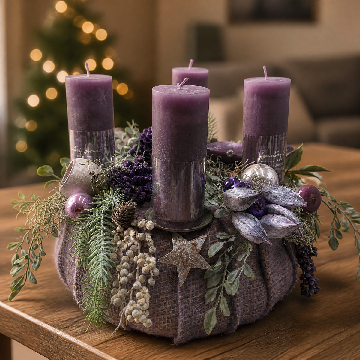 Szene Adventskranz lila Kerzen Kugeln Stern Zapfen mint