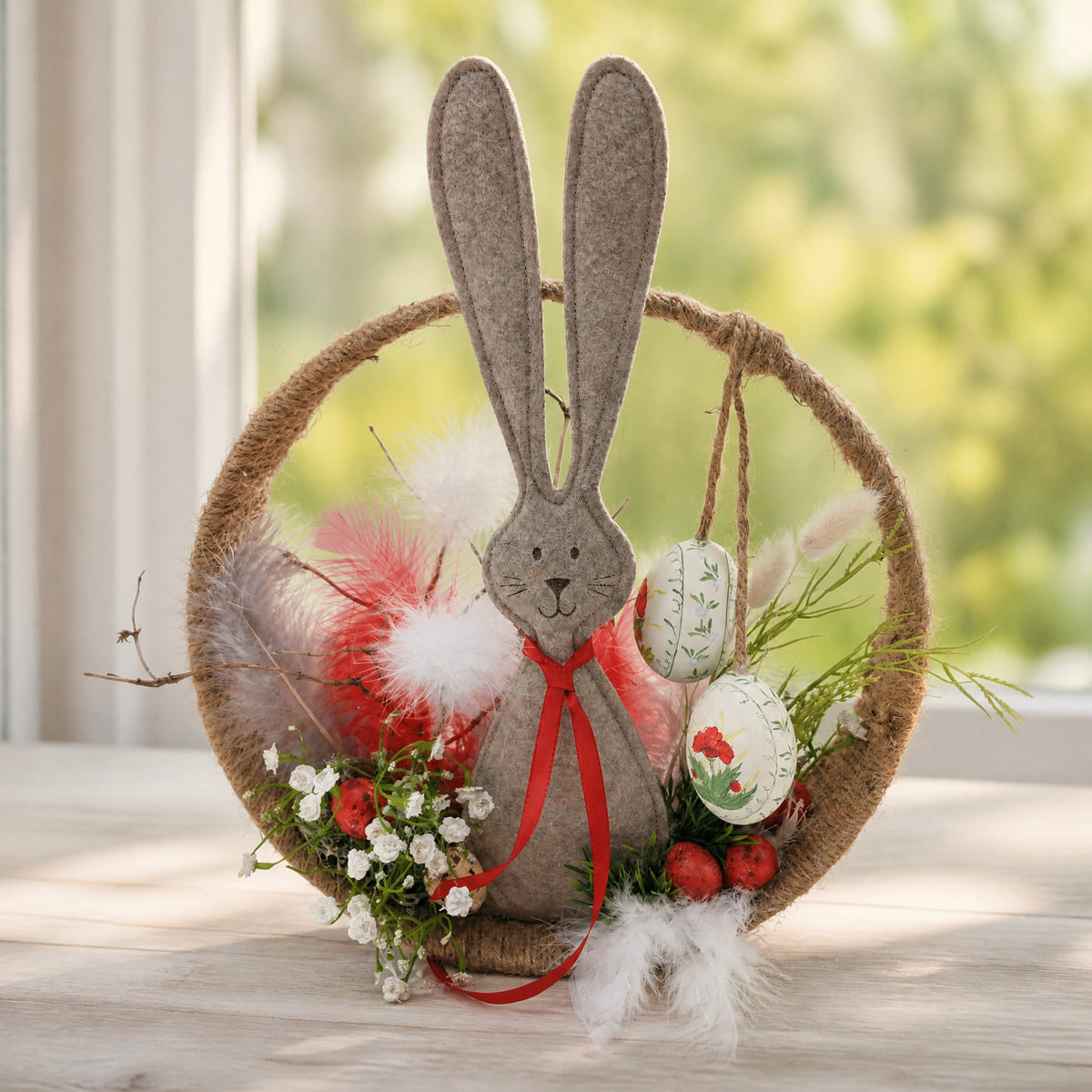 Szene Ostergesteck Hase Ei Feder Schleierkraut rot weiß im Ring