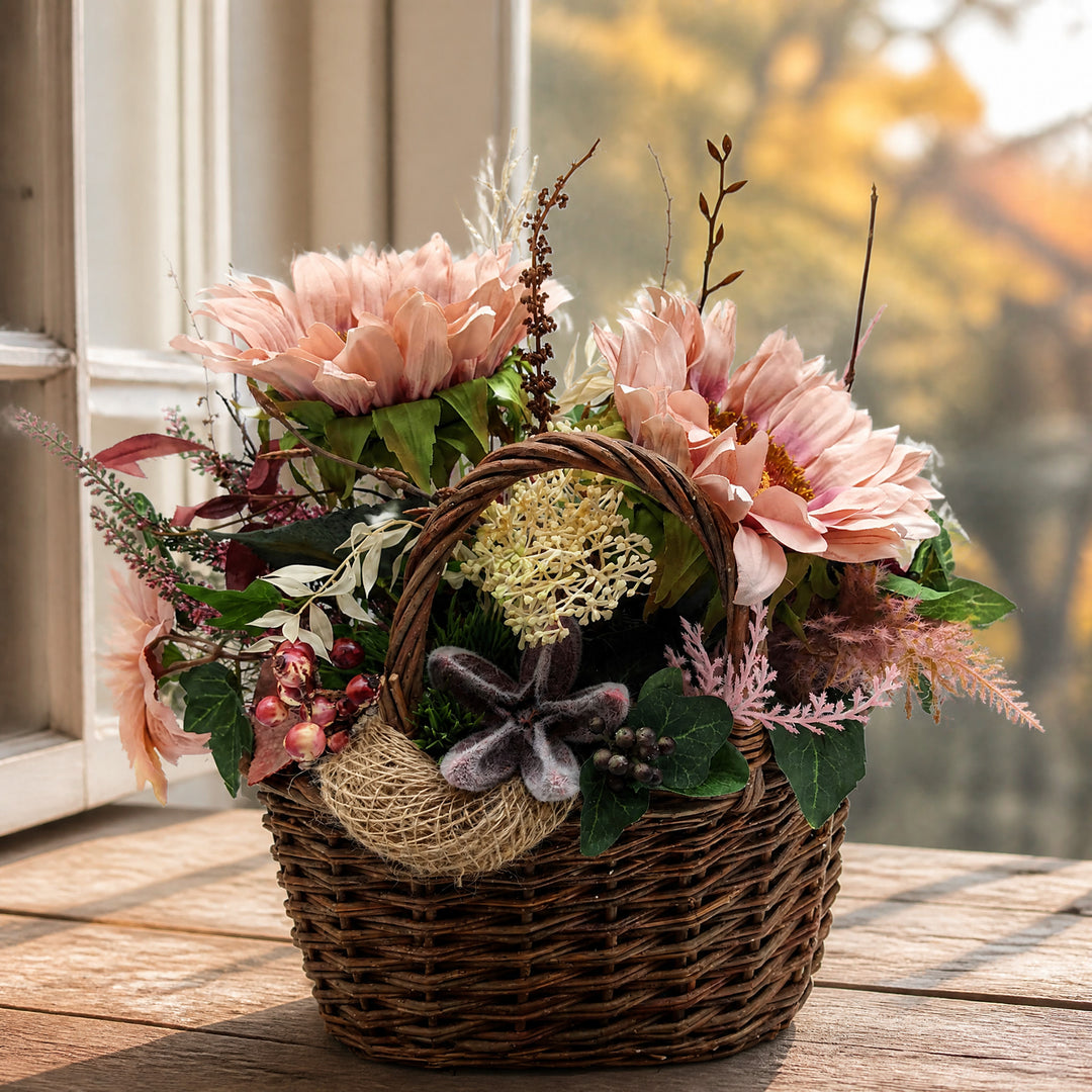 Szene Herbstgesteck Tischgesteck Korb Sonnenblumen Efeu Laub rosa