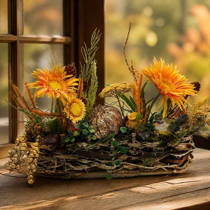 Szene Herbstgesteck Kürbis Vogel Mohn Gerbera gelb gold