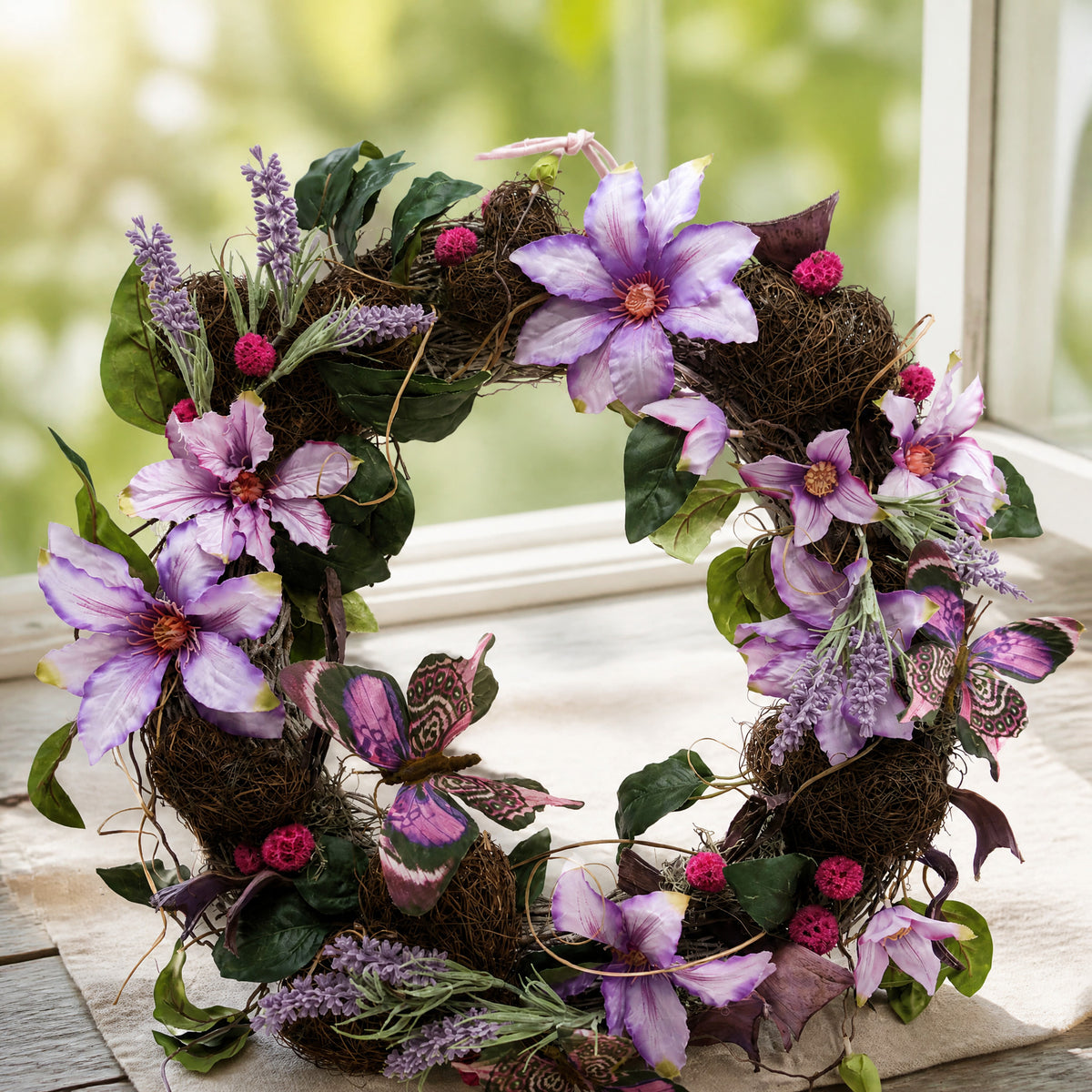 Szene Sommerkranz Türkranz Clematis Lavendel Schmetterlinge lila
