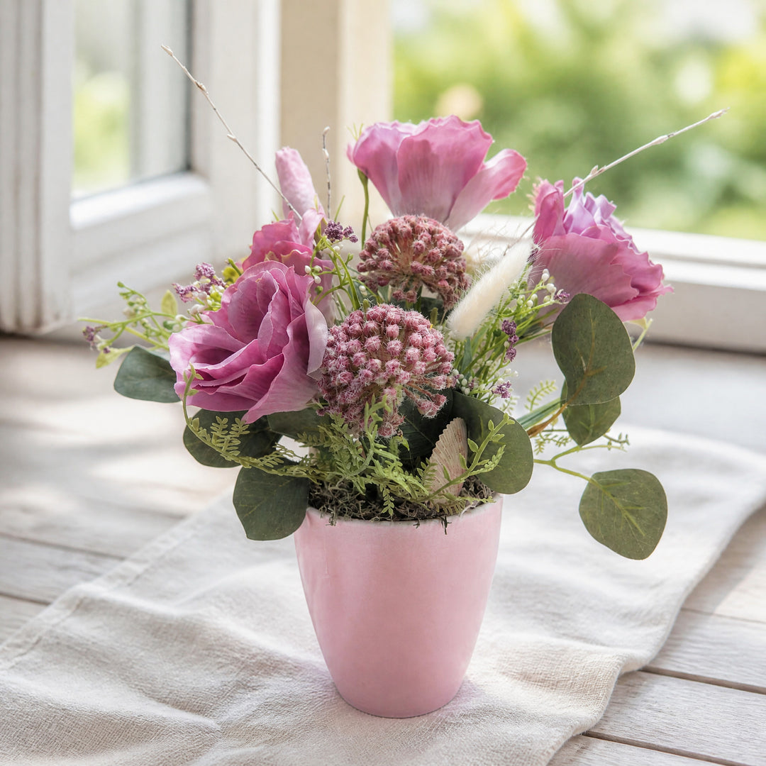 Szene Sommergesteck Rosen Muschel Eukalyptus rosa altrosa