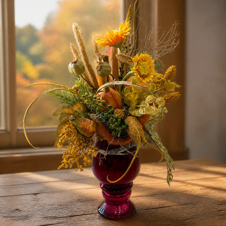 Szene Herbstgesteck Kürbis Gerbera Mohnkapseln orange gelb