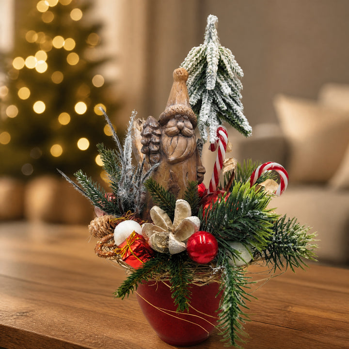 Szene Weihnachtsgesteck Weihnachtsmann Kugel Zuckerstange Geschenk rot