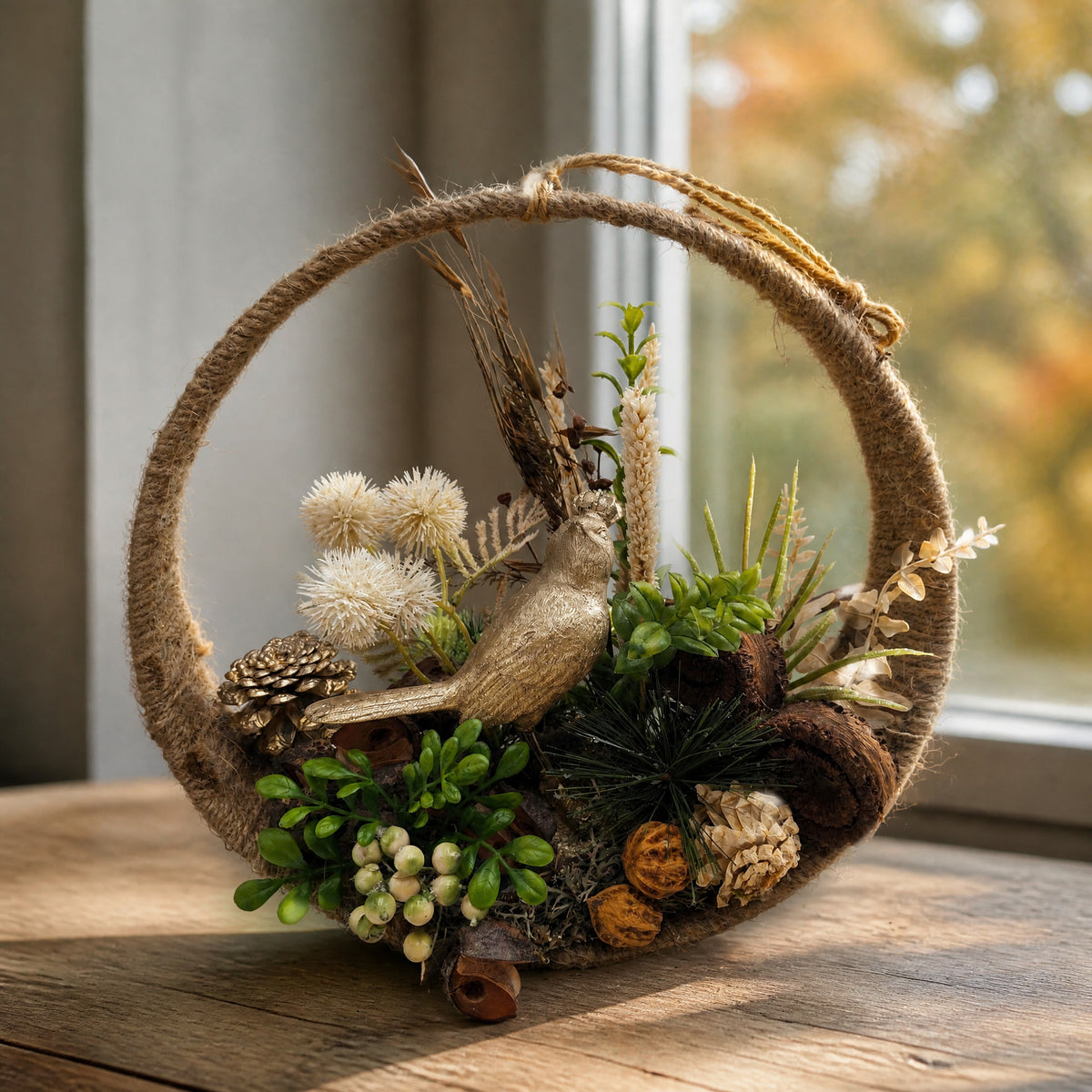 Szene Herbstgesteck Fensterhänger Vogel Zapfen Beeren natur braun