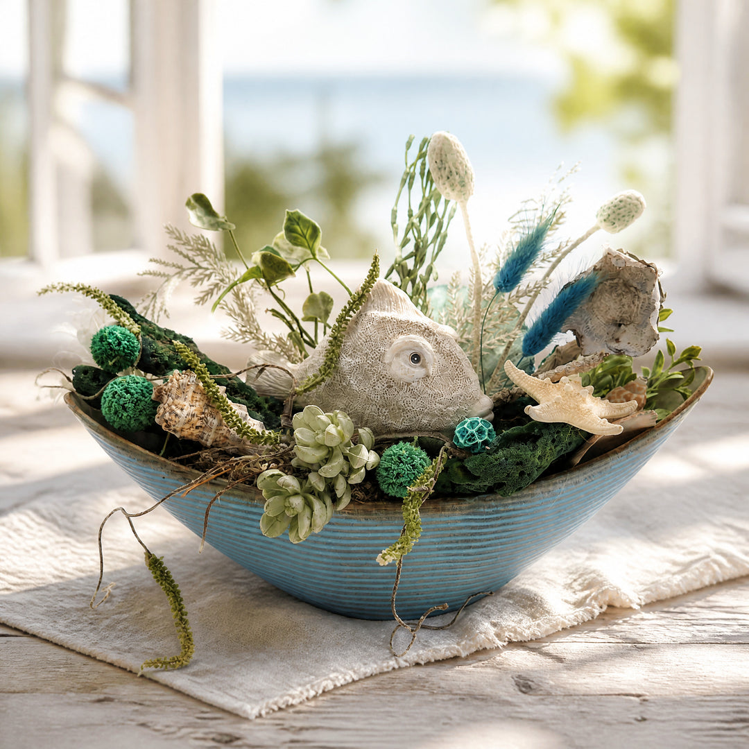 Szene Sommergesteck maritim Muschel Seestern Fisch blau creme