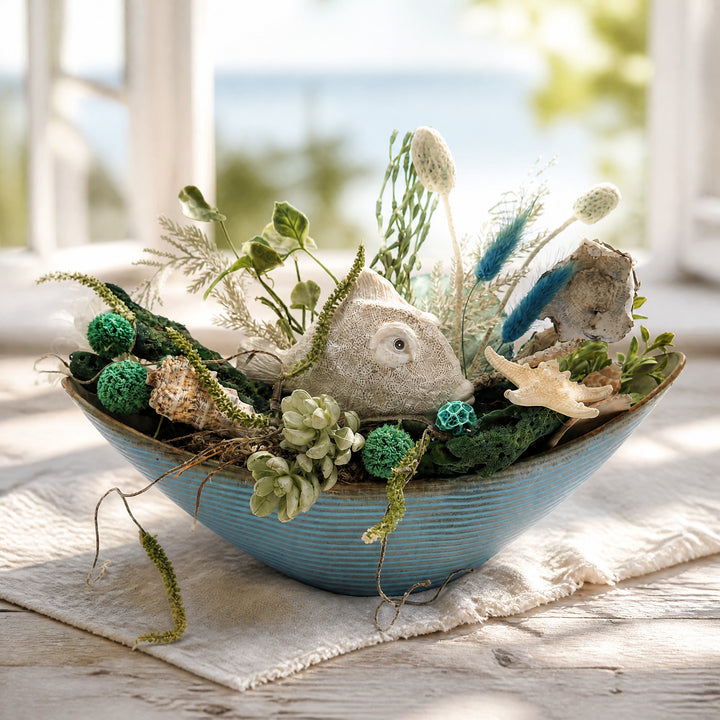 Szene Sommergesteck maritim Muschel Seestern Fisch blau creme