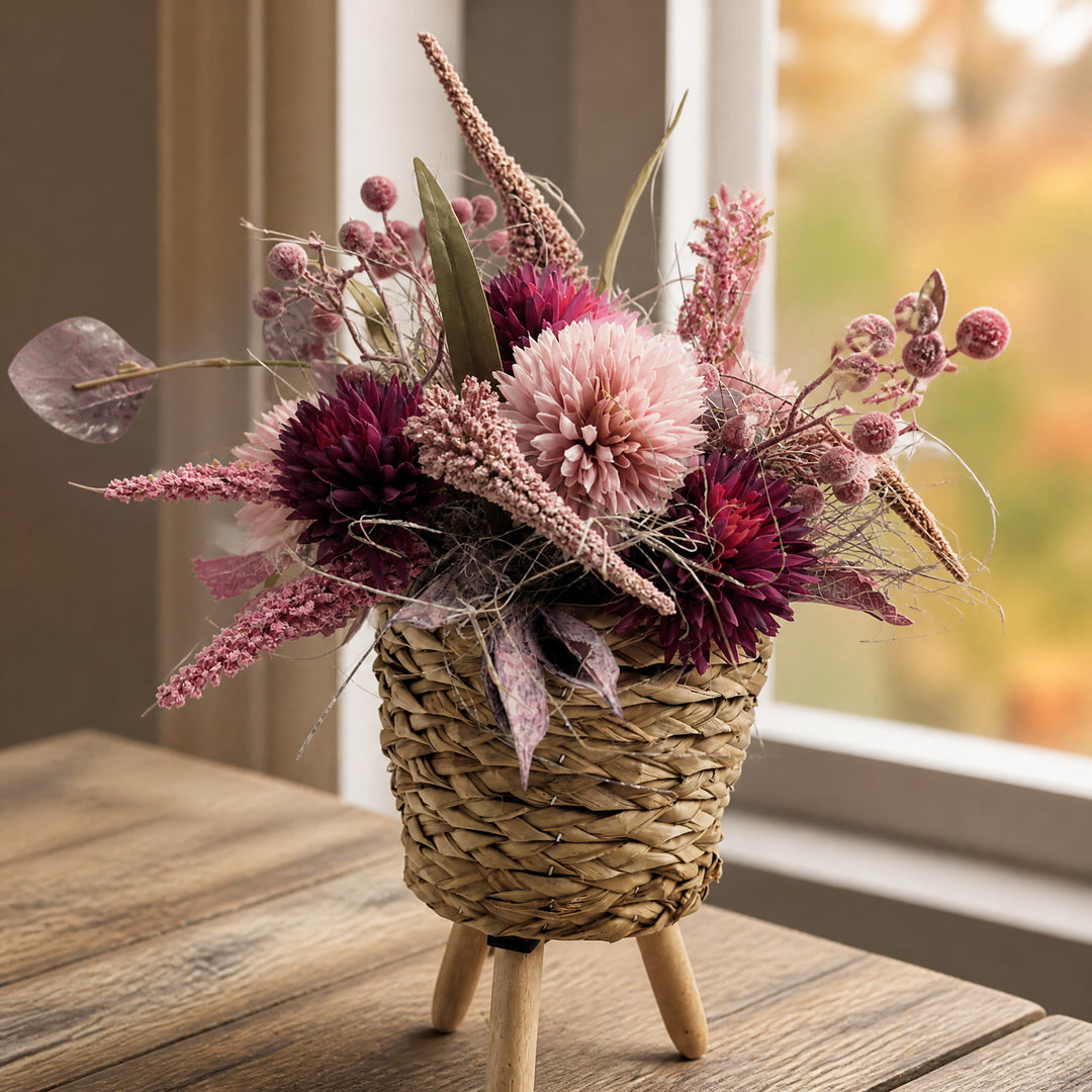 Szene Herbstgesteck Chrysanthemen Heide Beeren rosa lila im Korbschemel