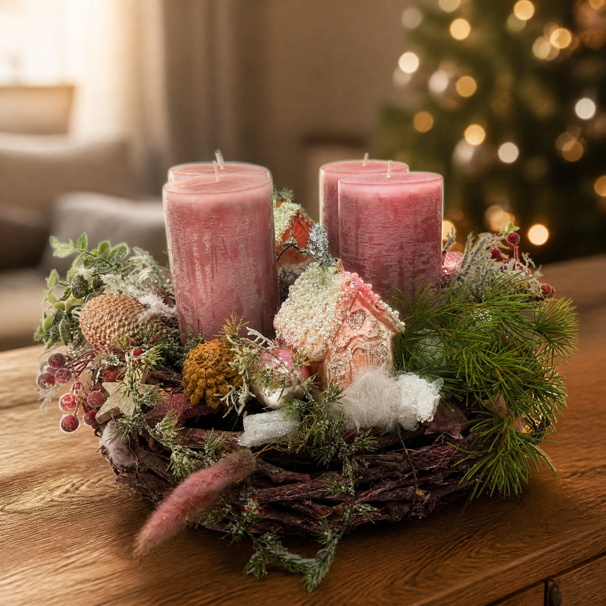 Szene Adventsgesteck Kerzen Kugel Haus Stern rosa weiß