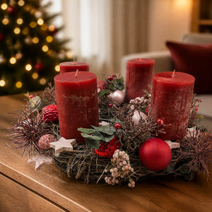 Szene Adventsgesteck Kerzen Kugel Stern Spider rot rosa