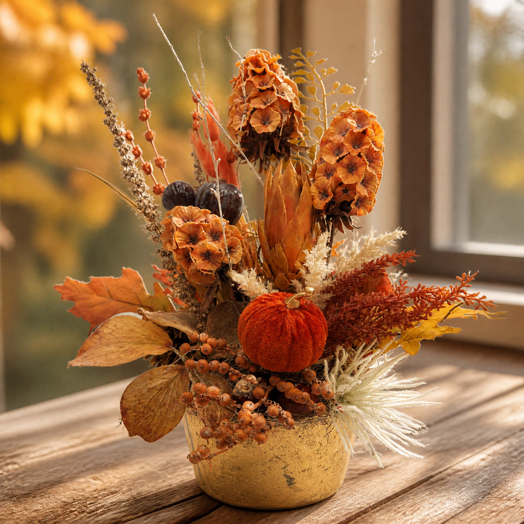 Szene Herbstgesteck Kürbis Feige Laub Beeren orange gold