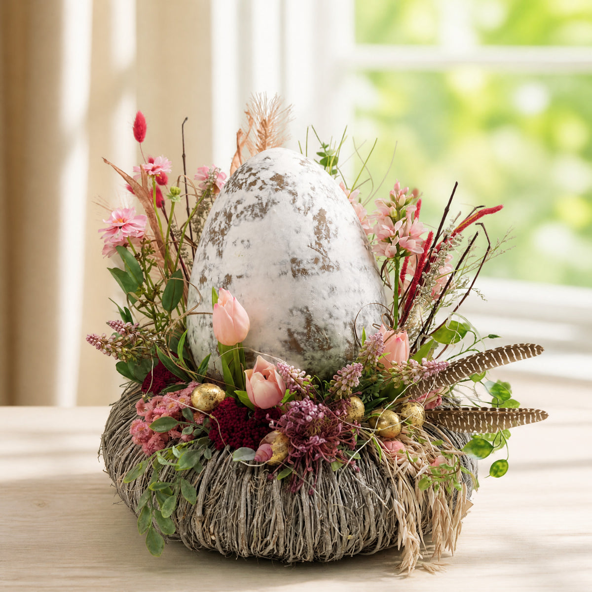 Szene Ostergesteck Frühlingsgesteck Nest LED Ei Tulpen Federn Gräser rosa braun