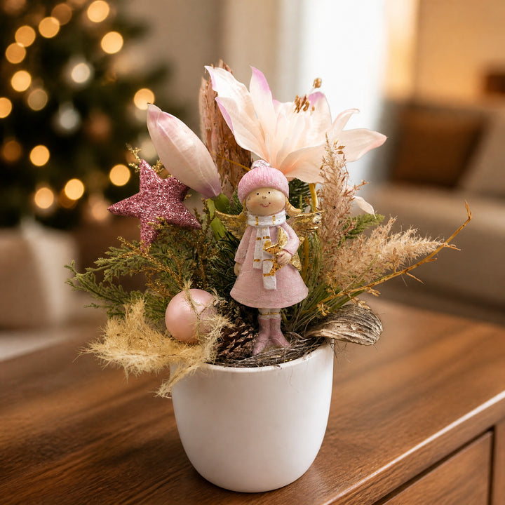 Szene Weihnachtsgesteck Engel Amaryllis Stern Kugel rosa weiß