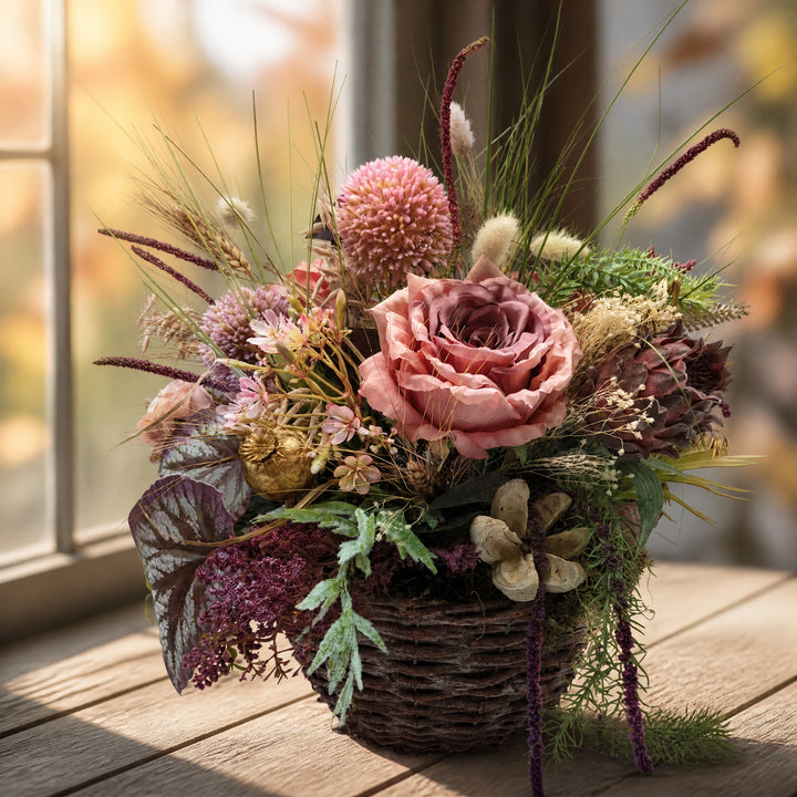 Szene Herbstgesteck Rose Allium Mohnkapsel Gräser rosa altrosa im Korb