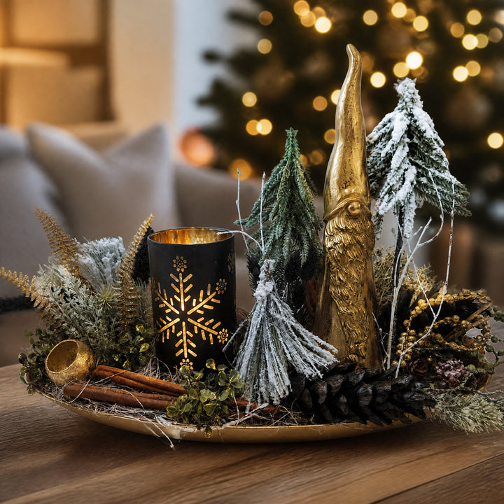 Szene Weihnachtsgesteck LED Teelicht Zimt Weihnachtsmann gold schwarz