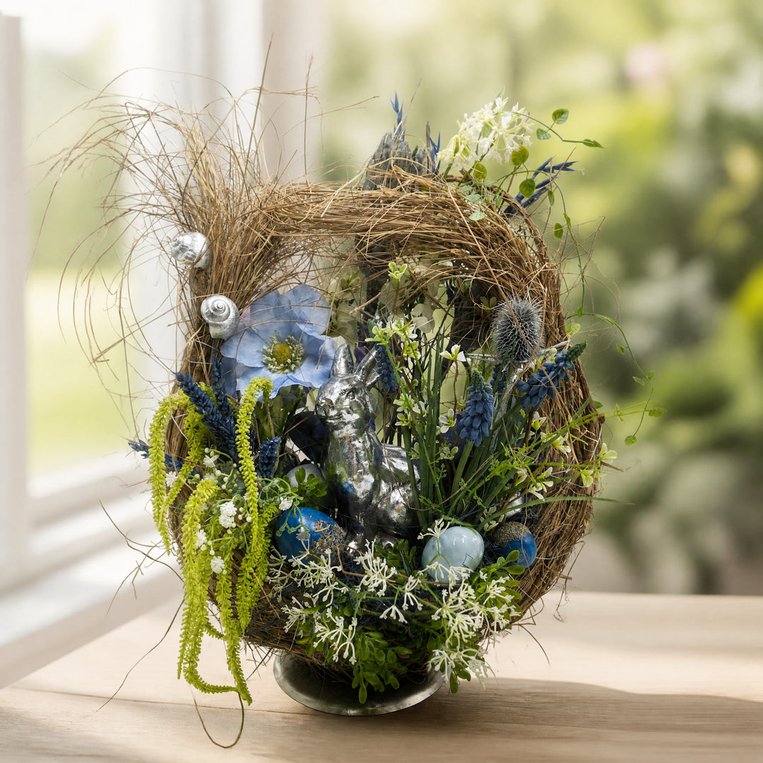 Szene Ostergesteck Hase Schnecke Hyazinthe Ostereier blau silber