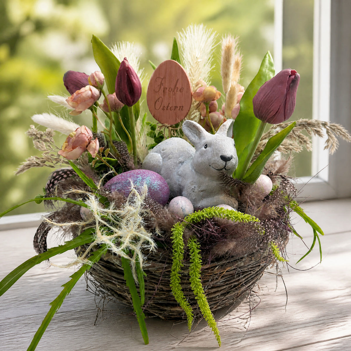 Szene Ostergesteck Nest Tulpen Hase Eier lila rosa "Frohe Ostern"