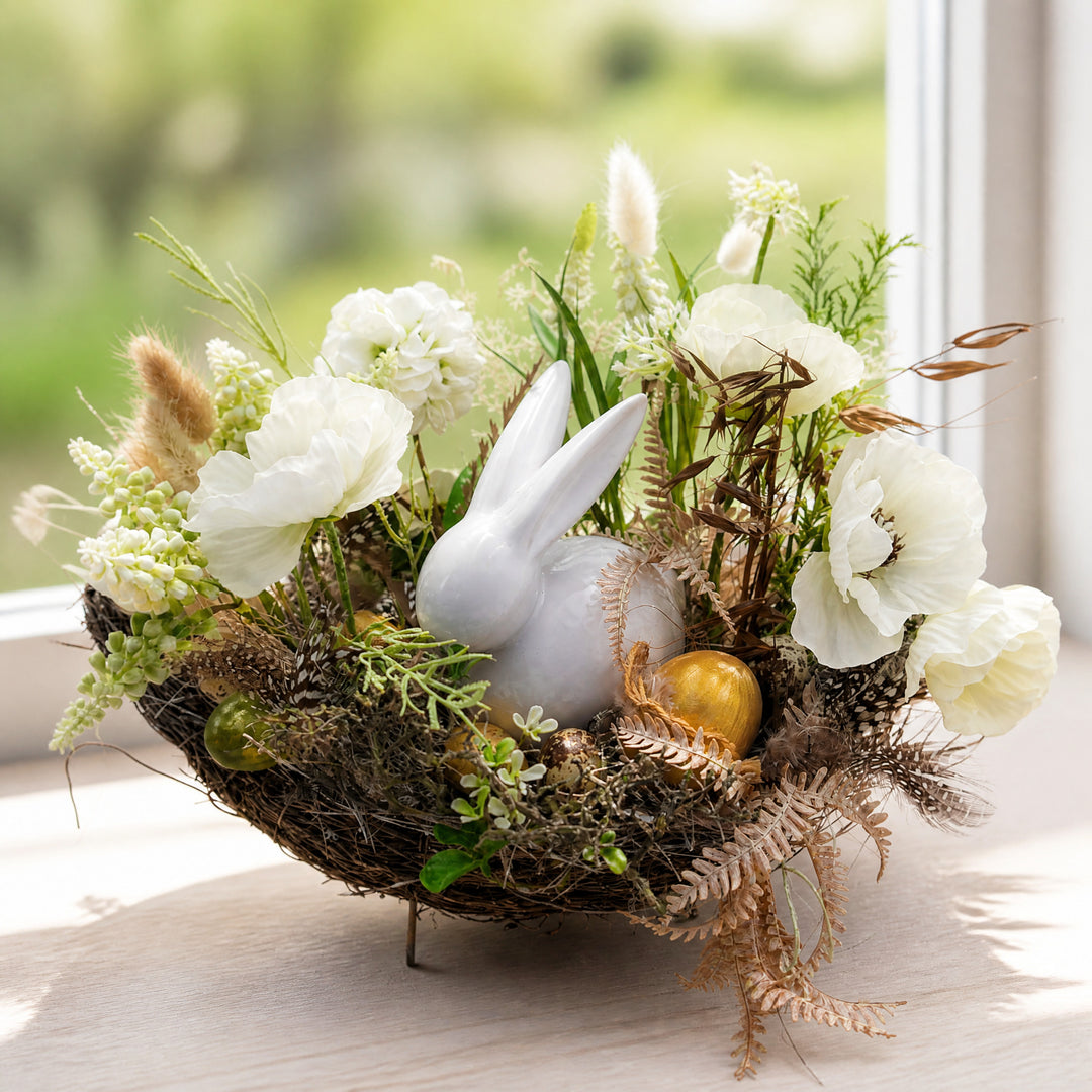 Szene Ostergesteck Nest Hase Mohn Federn weiß gold