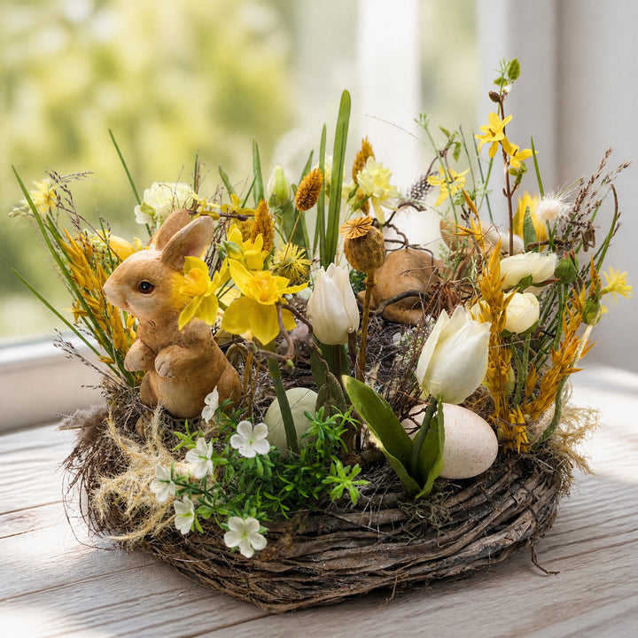 Szene Osterkranz Hase Tulpen Narzissen Mohnkapseln gelb weiß