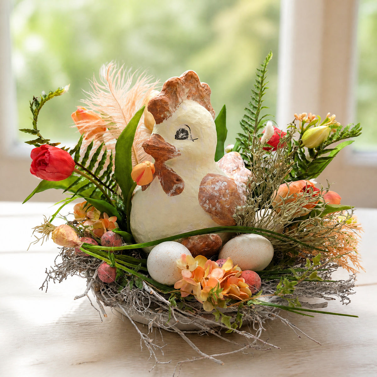 Szene Ostergesteck Huhn Eier Tulpen rosa apricot