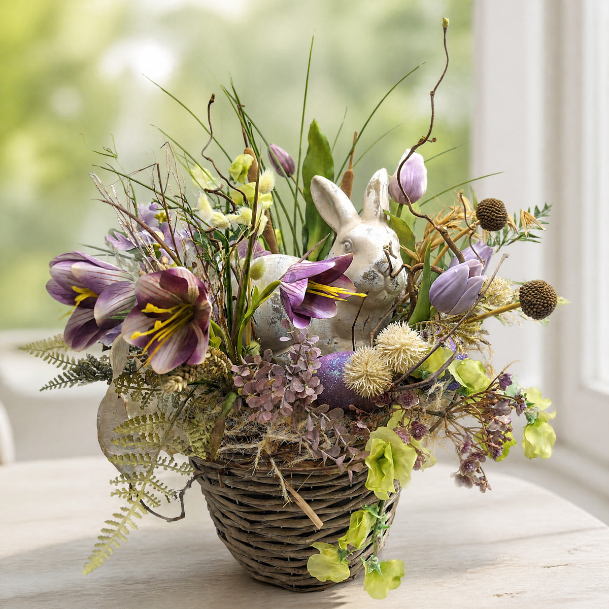 Szene Ostergesteck Hase Tulpen Wicken Krokus lila grün im Korb