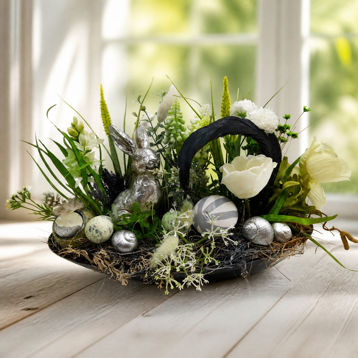 Szene Ostergesteck Hase Schnecke Hyazinthe Tulpe weiß silber