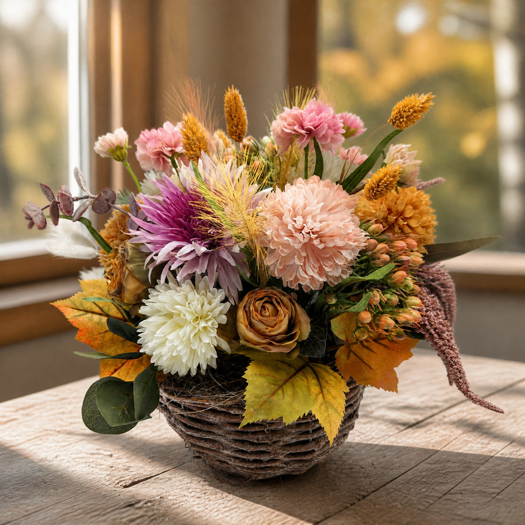 Szene Herbstgesteck Chrysantheme Rose Gräser rosa lila im Korb