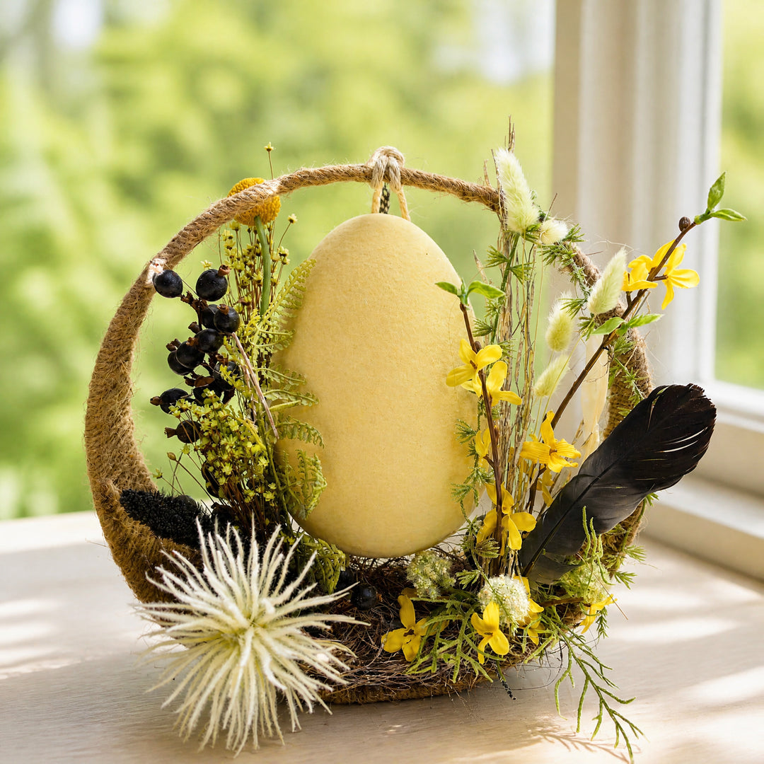 Szene Ostergesteck Ei Feder Beeren Forsythien gelb natur