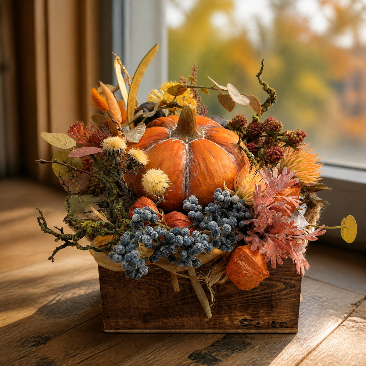 Szene Herbstgesteck Kürbis Physalis Beeren Holzlade orange