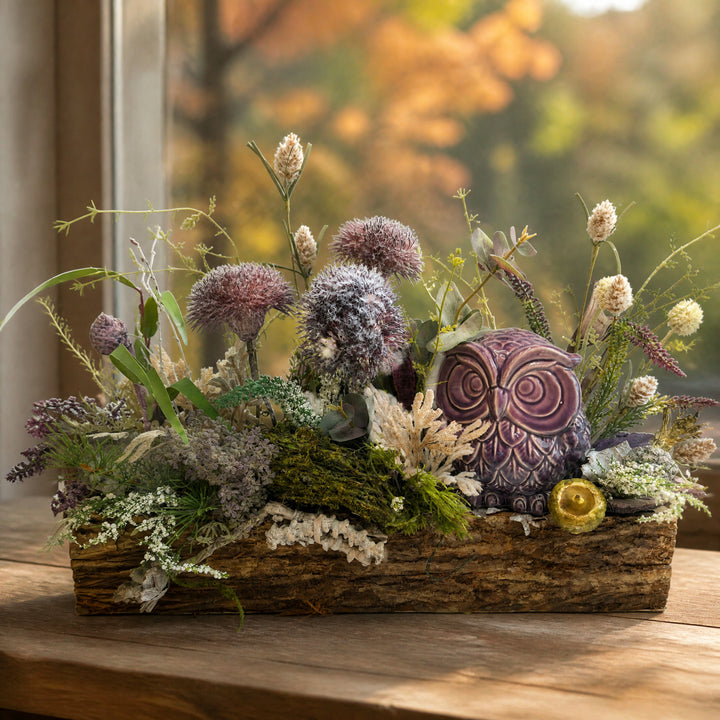 Szene Herbstgesteck Eule Allium Eukalyptus lila creme