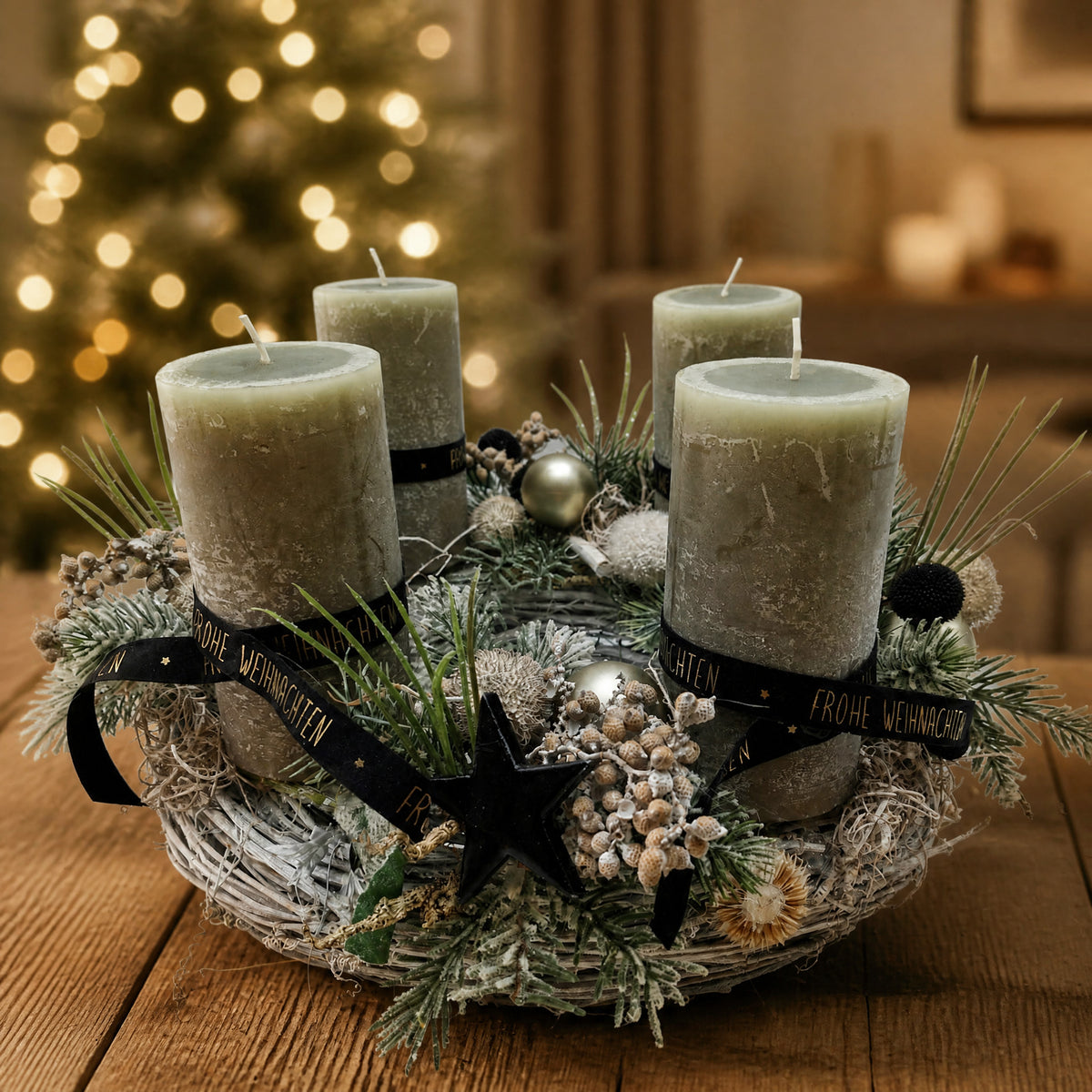 Szene Adventskranz Weihnachtskranz Kugel Stern Beeren lindgrün schwarz