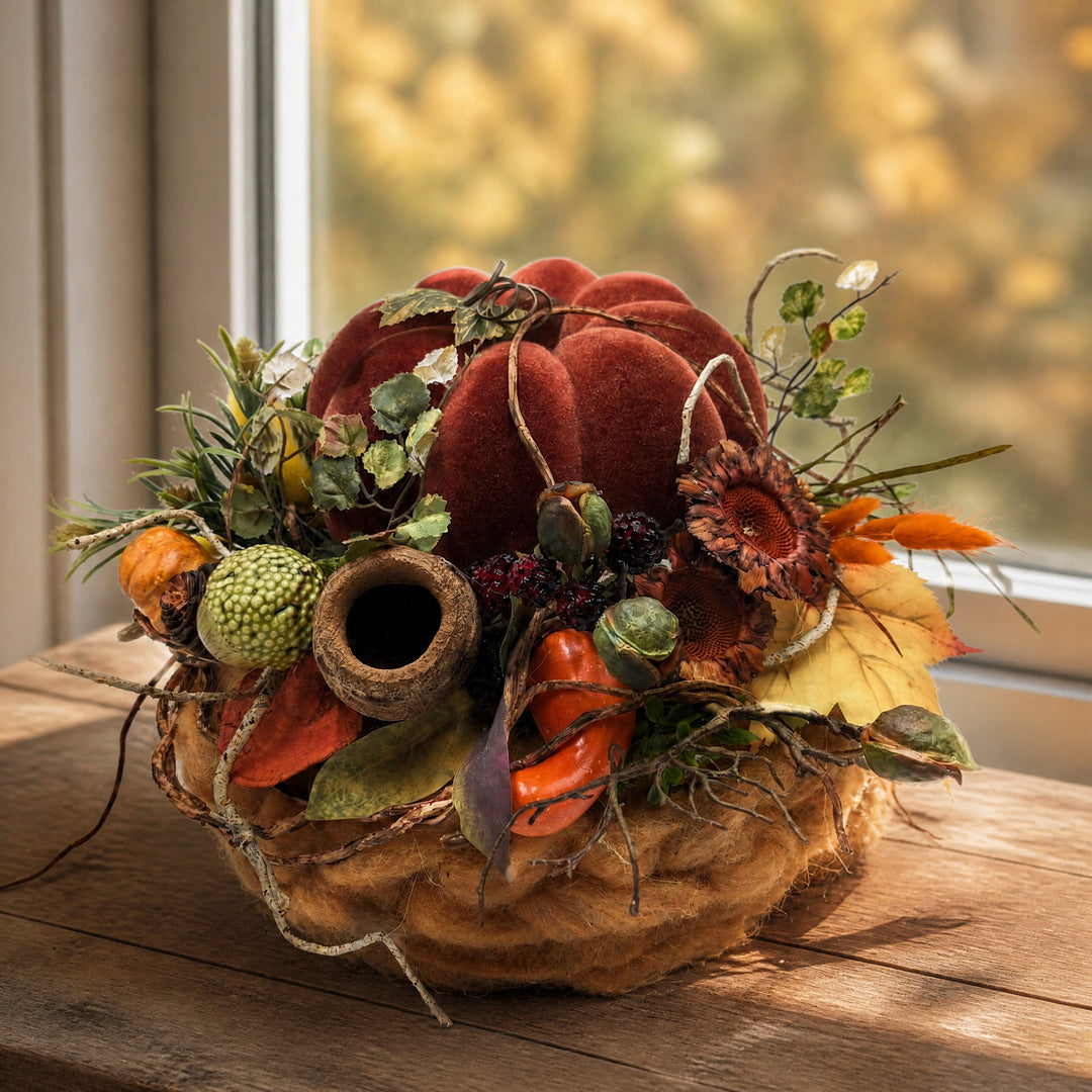 Szene Herbstgesteck Kürbis Beeren Laub rostrot orange