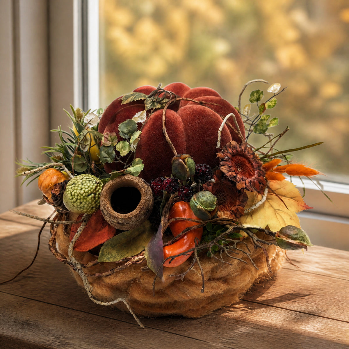 Szene Herbstgesteck Kürbis Beeren Laub rostrot orange