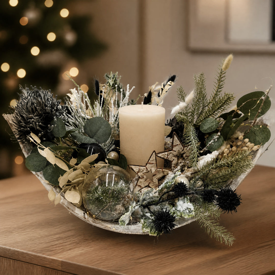 Szene Weihnachtsgesteck LED Kugel Stern Eukalyptus schwarz creme
