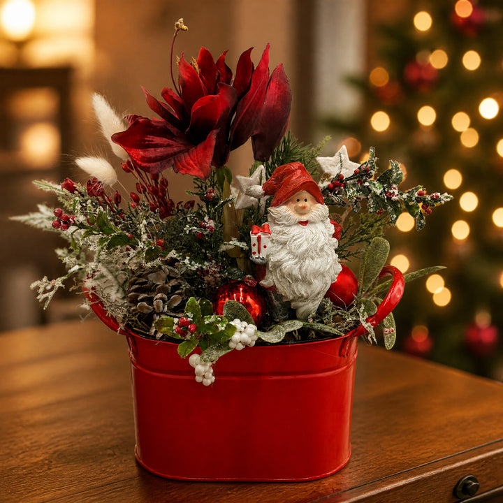 Szene Weihnachtsgesteck Weihnachtsmann Amaryllis Kugel Zapfen rot weiß