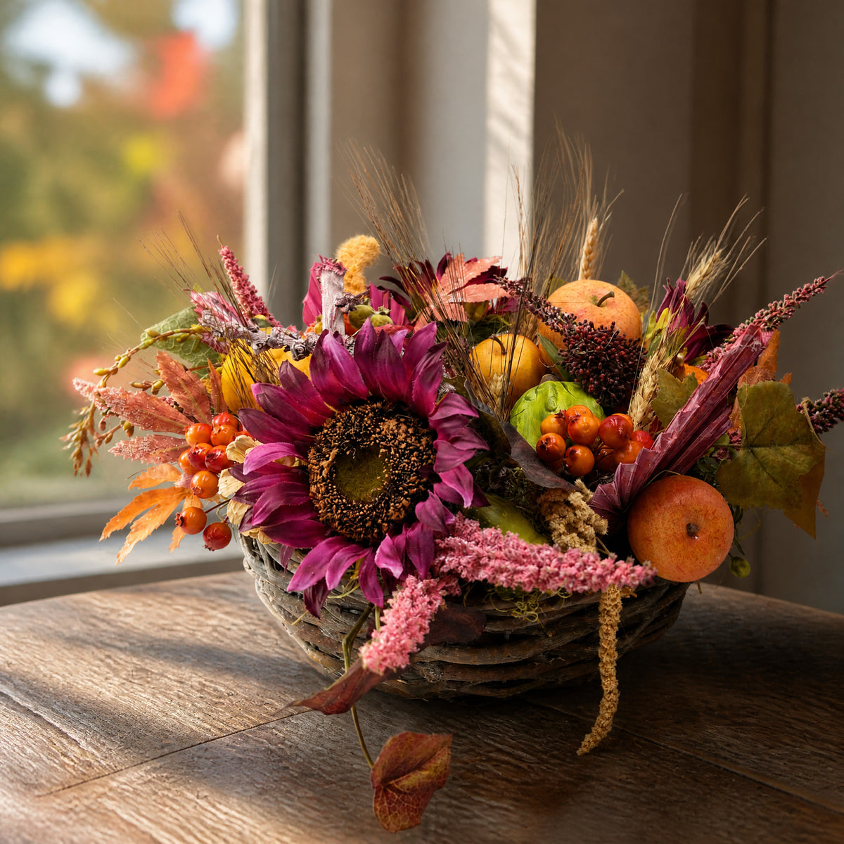 Szene Herbstgesteck Korb Sonnenblume Kürbis Äpfel Beeren bunt