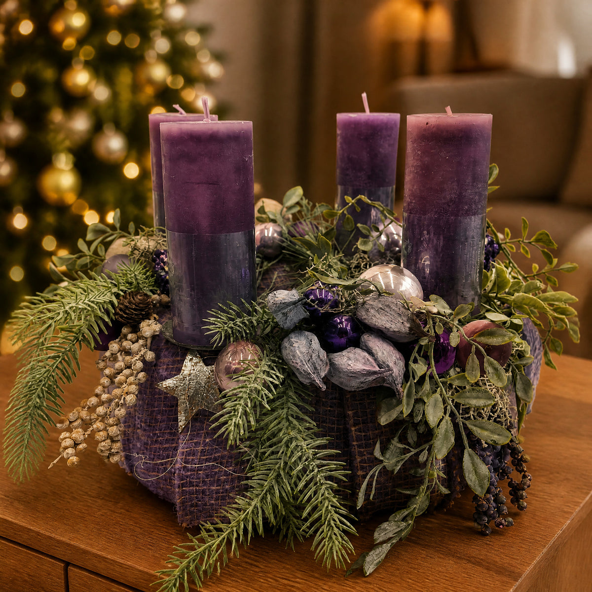 Szene Adventskranz Kugeln Zapfen Stern lila grün