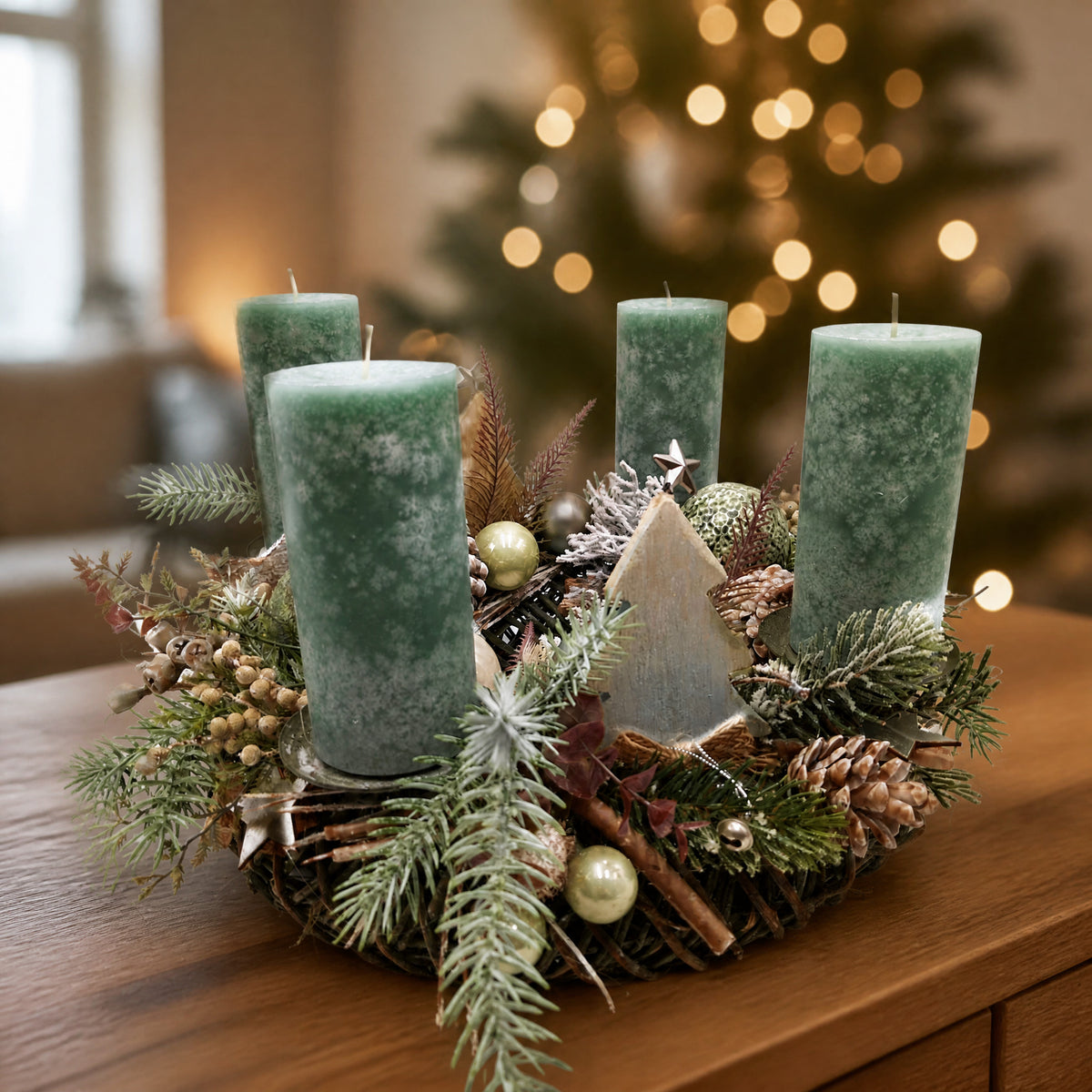 Szene Adventskranz Kugeln Sterne Tannenbäumchen grün natur