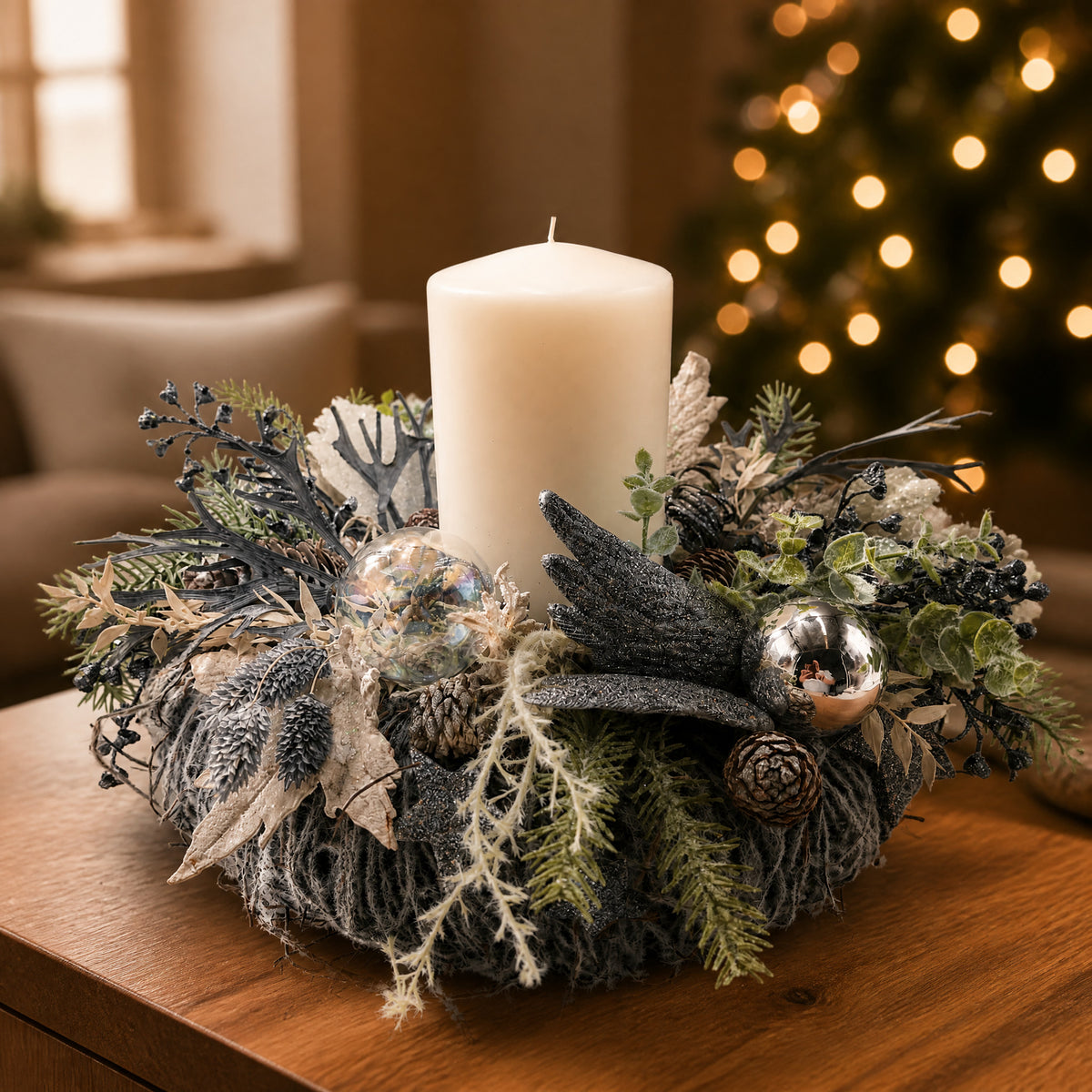 Szene Adventskranz Kugeln Zapfen Flügel grau silber mit Kerze